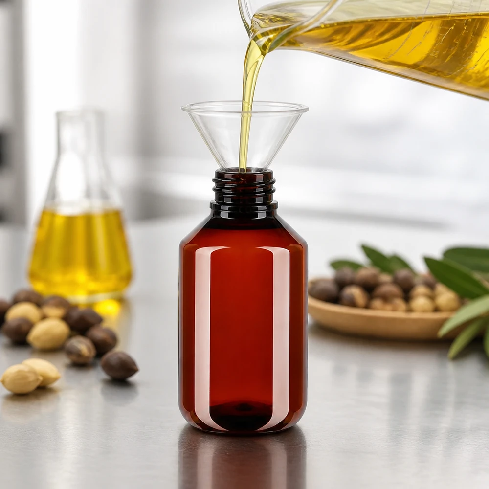 Brązowa butelka PET o pojemności 100 ml z lejkiem podczas napełniania żółtym olejem arganowym na powierzchni ze stali nierdzewnej