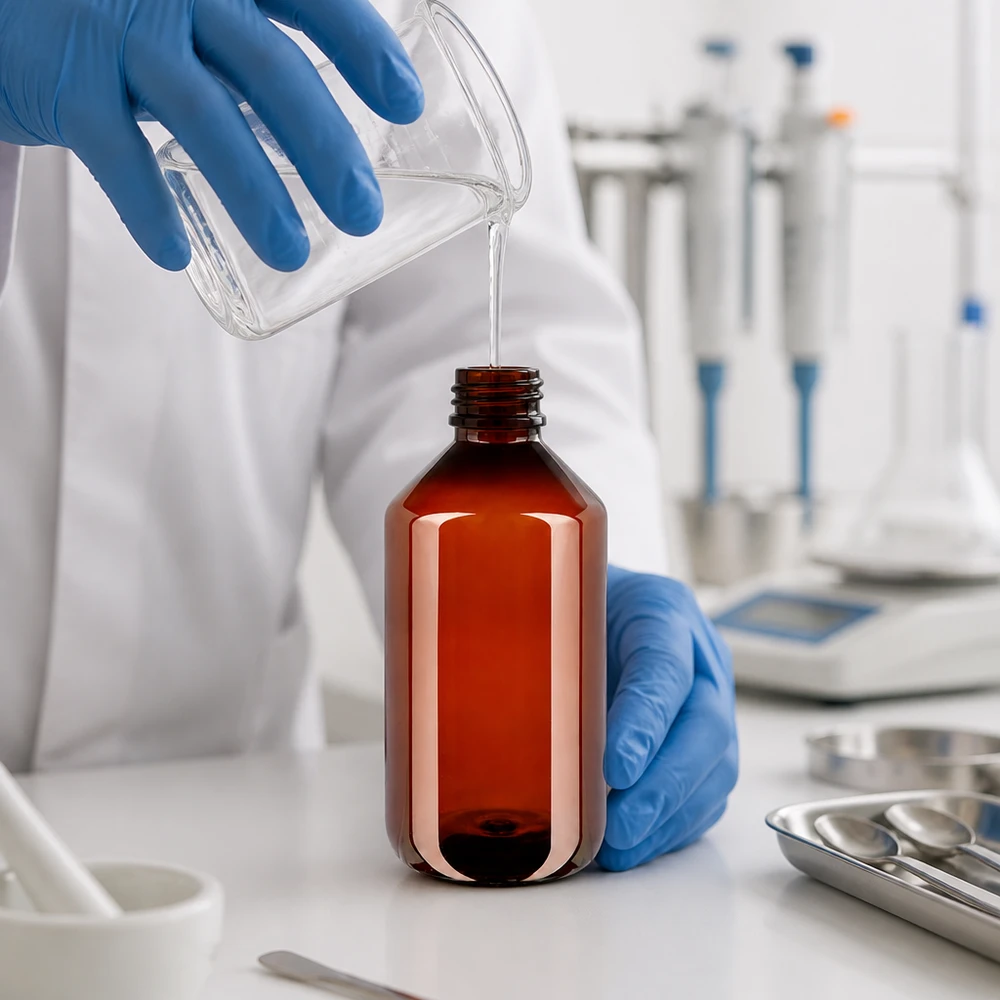 Butelka PET 500ml z czarną nakrętką OV Befüllung einer braunen 500ml PET Flasche mit Spritzverschluss aus Becherglas im Labor