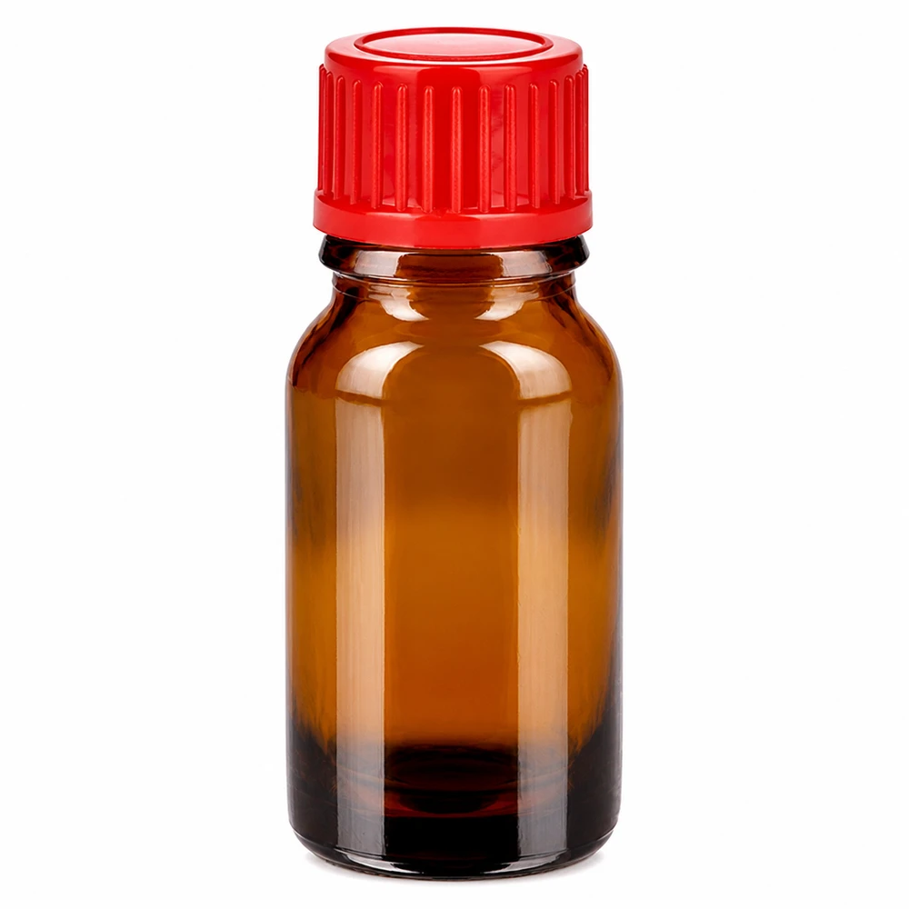 Butelka z bursztynowego szkła o pojemności 10 ml z czerwoną zakrętką do olejków eterycznych i leków