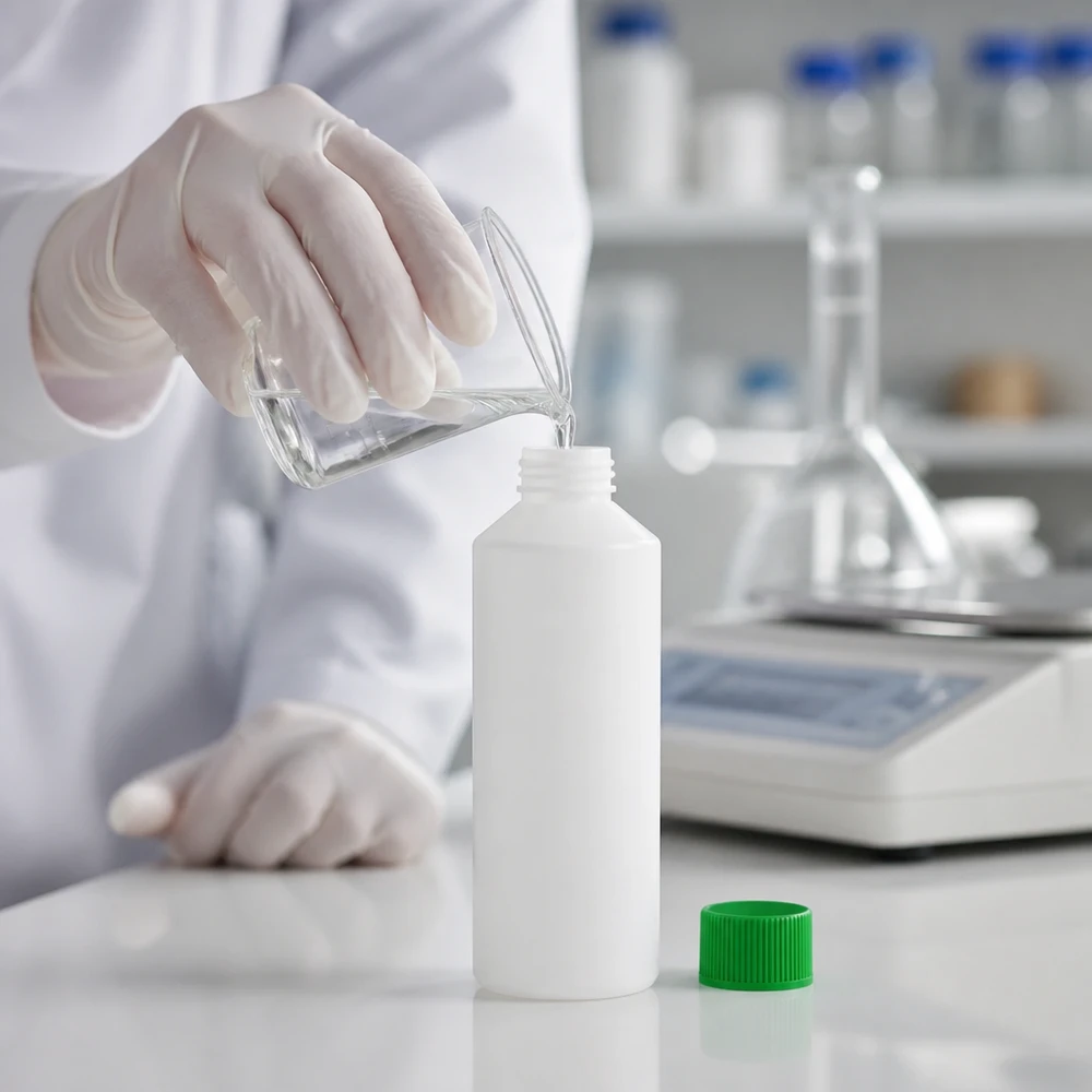 Butelka apteczna 100 ml z HDPE, biała, z zieloną zakrętką, do bezpiecznego przechowywania środków chemicznych