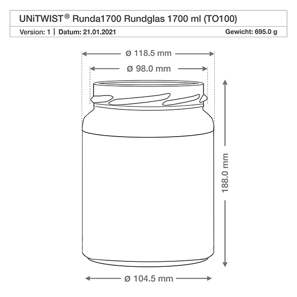 UNiTWIST Runda1700 - Kubki o pojemności 1700ml TO100 UNiTWIST Runda1700 kubki 1700ml TO100 rysunek techniczny Wymiary 118.5mm średnica 188mm wysokość