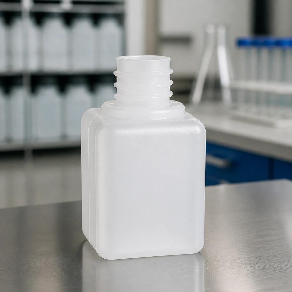 Butelka na chemikalia z PE-HD o pojemności 20 ml, z gwintem GL18 i wąską szyjką, na stole laboratoryjnym ze stali nierdzewnej, z butelkami w tle