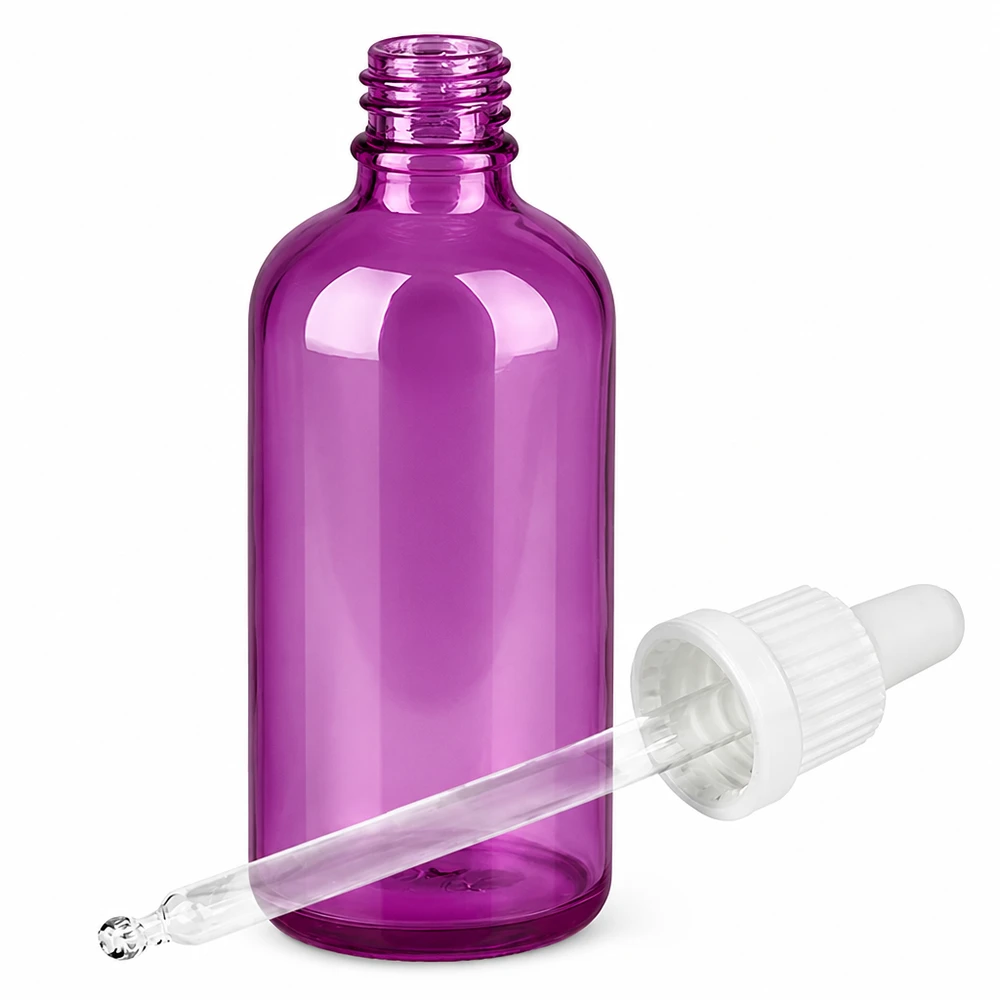 Butelka z pipetą 100 ml biała zakrętka Originality PurpleLine UT18/100 Fioletowa szklana butelka 100 ml z pipetą do olejków eterycznych i serum