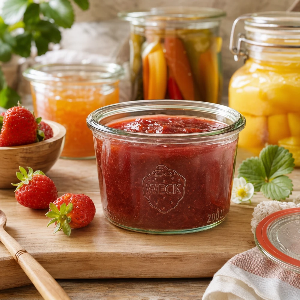 200 ml słoik WECK RR80 wypełniony dżemem truskawkowym na drewnianej desce obok świeżych truskawek i słoików z przetworami