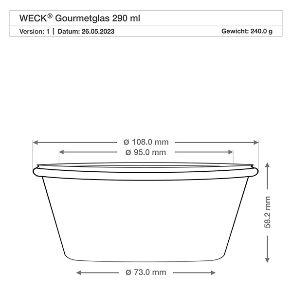 Słoik 290ml dla smakoszy WECK RR100 Rysunek techniczny WECK Gourmet słoik 290ml RR100 o wymiarach Średnica 108mm Wysokość 58mm Waga 240g