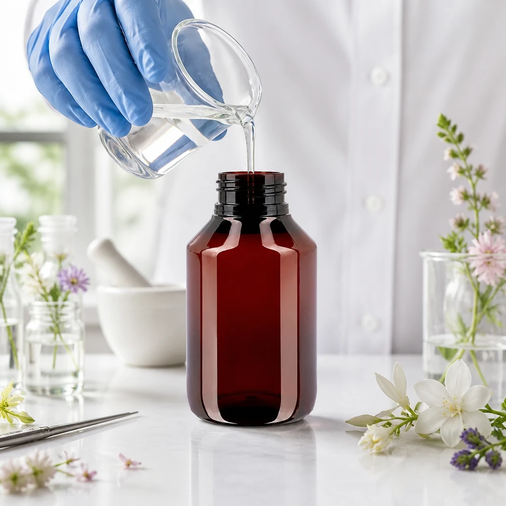 Butelka laboratoryjna o pojemności 50 ml, wykonana z PET w kolorze bursztynowym, ze specjalnym czerwonym zamknięciem odgazowującym