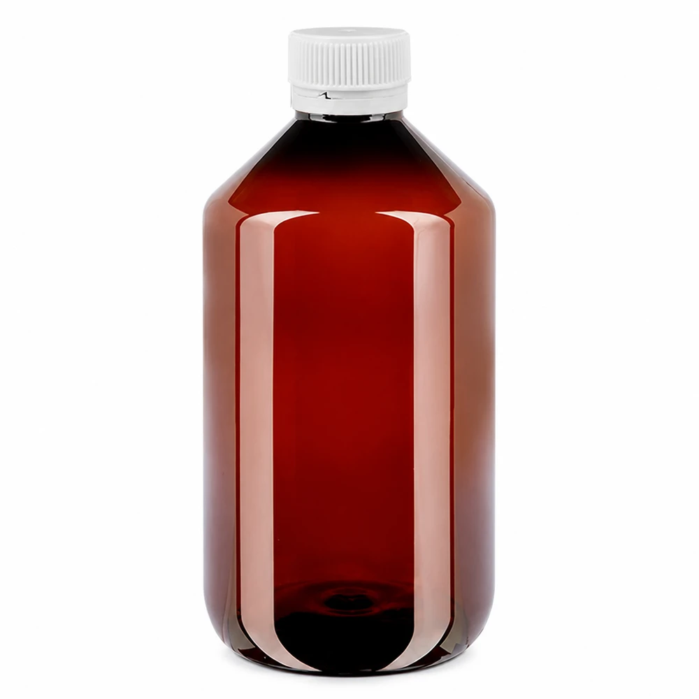 Brązowa butelka PET o pojemności 500 ml z białym, karbowanym zamknięciem zabezpieczającym przed manipulacją, przeznaczona do płynów