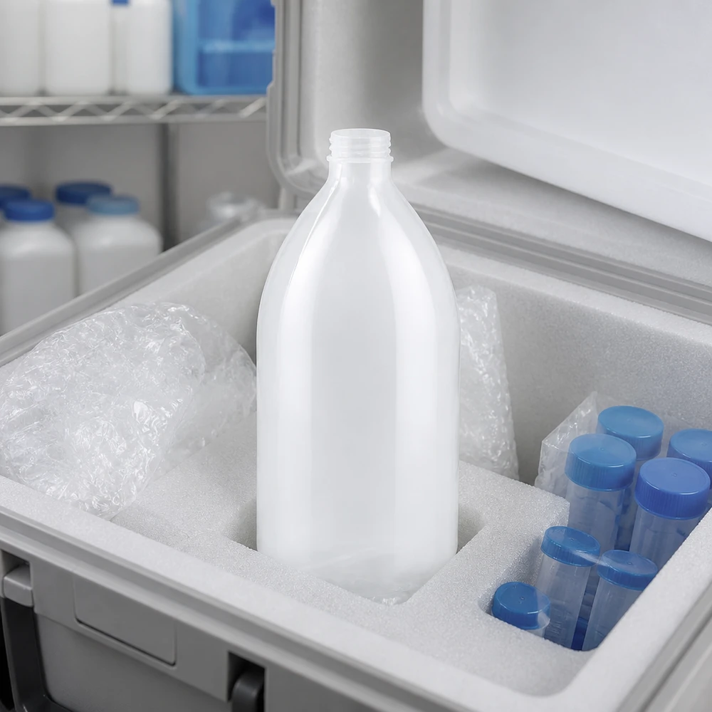 Butelka laboratoryjna 1000 ml z wąską szyjką bez zakrętki Butelka laboratoryjna o pojemności 1000 ml z wąską szyjką, bez zamknięcia, w pudełku styropianowym z wkładami chłodzącymi i probówkami