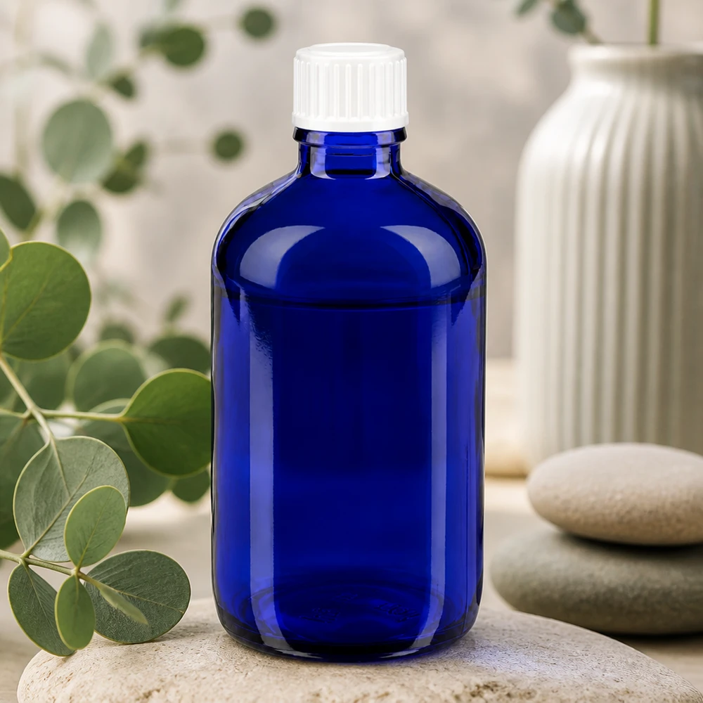 Okrągła butelka z niebieskiego szkła o pojemności 100 ml z żłobkowaną białą nakrętką, ustawiona na kamieniach naturalnych