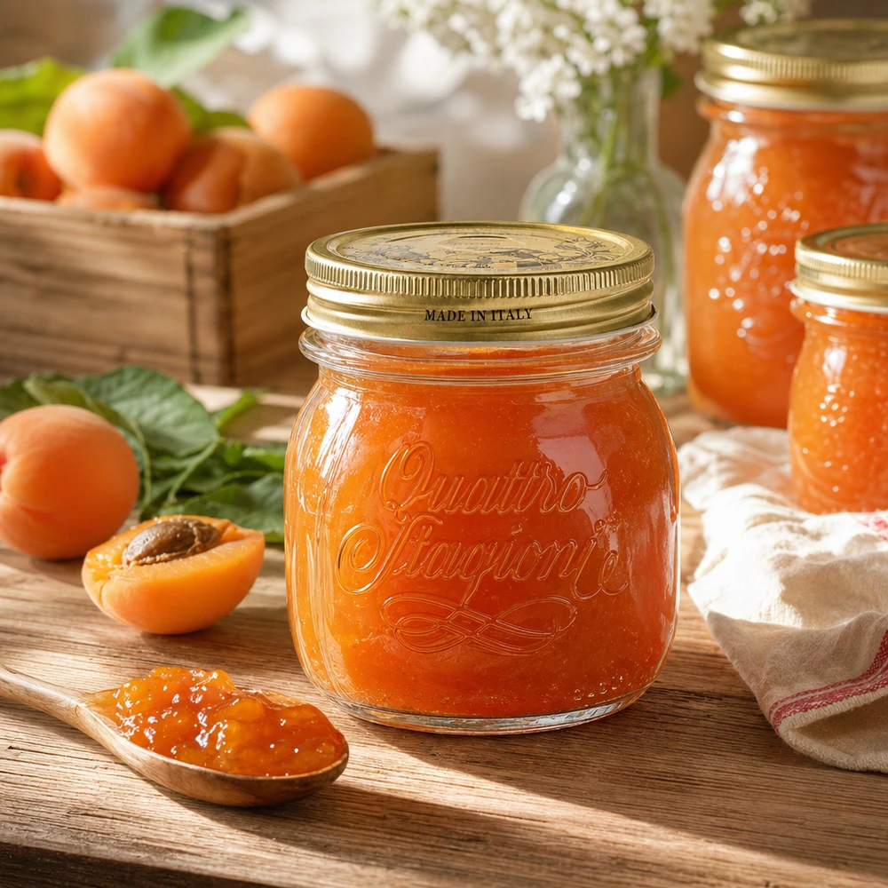 Słoik okrągły 250 ml „Quattro Stagioni” z pokrywką Okrągły słoik Quattro Stagioni 250 ml z zakręcaną pokrywką wypełniony dżemem morelowym na drewnianym stole ze świeżymi morelami
