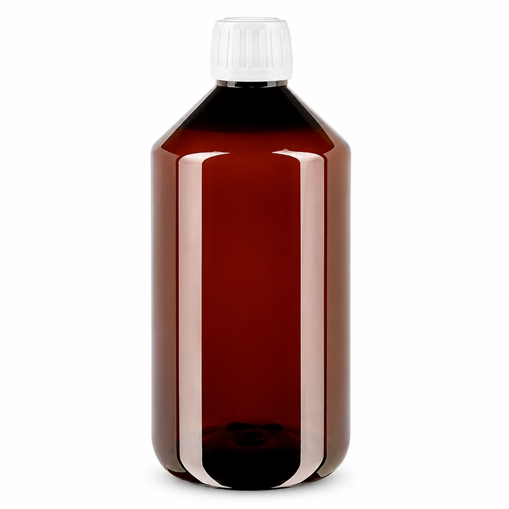 Butelka PET 750 ml z białym standardem OV Brązowa butelka PET o pojemności 750 ml z białym zamknięciem zabezpieczającym z przezroczystego tworzywa sztucznego