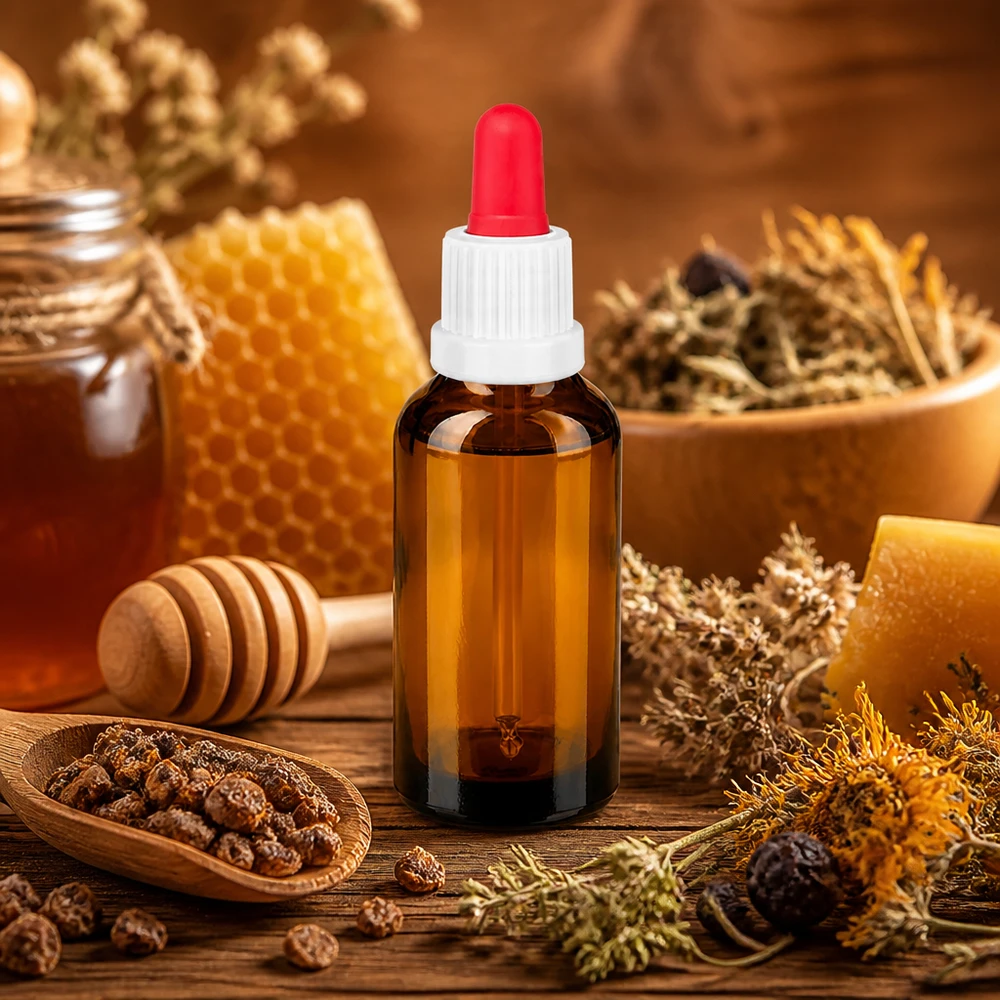 Butelka z pipetą Premium 30 ml wykonana z bursztynowego szkła chroniącego przed promieniowaniem UV z białą zakrętką i czerwonym kapslem