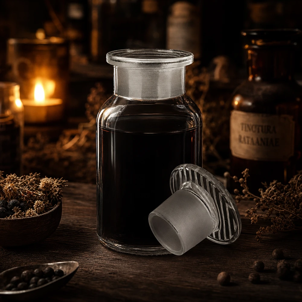 Butelka o zaokrąglonych ramionach, 100 ml, przezroczysta, z szeroką szyjką i szklanym korkiem, przeznaczona do nalewek i ekstraktów