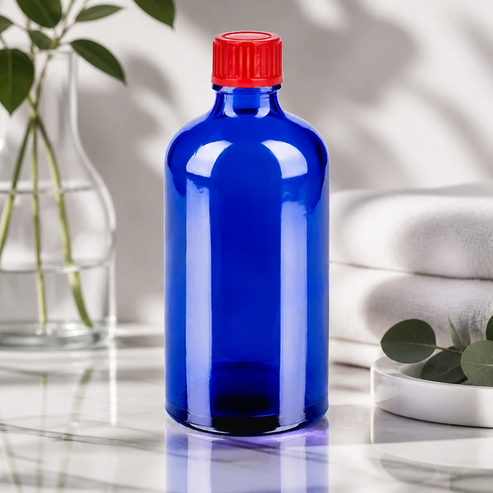 Butelka SV o pojemności 100 ml z czerwoną zakrętką w prążki i niebieską szklaną powierzchnią STD BlueLine