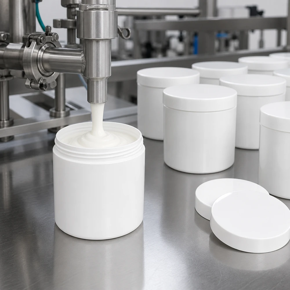 Przemysłowe napełnianie białego kremu do słoiczków z PP o pojemności 50 g na linii produkcyjnej ze stali nierdzewnej