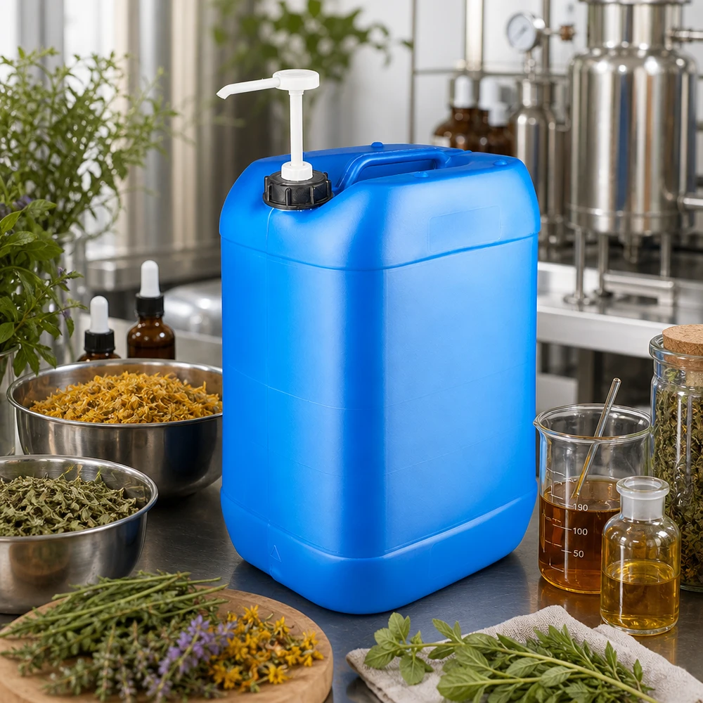 Niebieski kanister o pojemności 25 litrów z pompką dozującą wśród ziół i szklanych pojemników w produkcji kosmetyków naturalnych