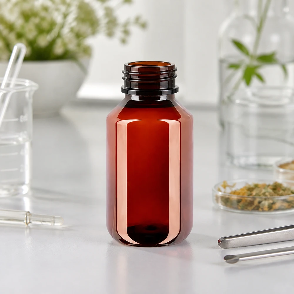 Butelka PET 100 ml z czarną nakrętką OV Kleine braune Kunststoffflasche 100ml für ätherische Öle Tinkturen und Naturheilmittel
