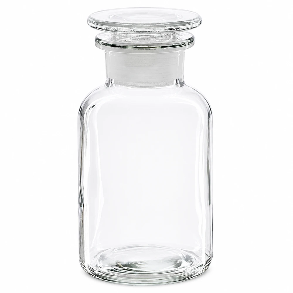 Okrągła butelka na ramię 250 ml, przezroczysta, szklana zatyczka z szeroką szyjką Przezroczysta butelka o zaokrąglonych ramionach, pojemność 250 ml, ze szklanym korkiem i szeroką szyjką, przeznaczona do laboratoriów i aptek