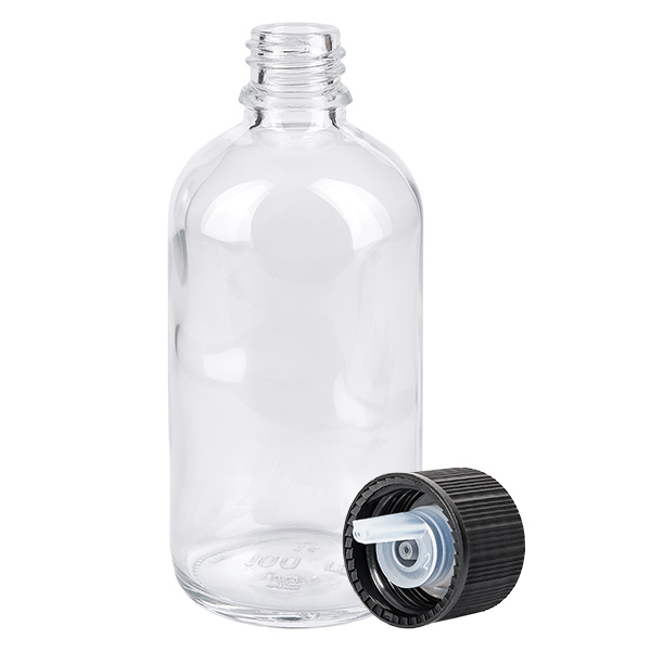 100 ml butelka z kroplomierzem 1 mm czarny STD ClearLine UT18/100 Butelka z zakraplaczem ClearLine o pojemności 100 ml, wykonana z przezroczystego szkła, z czarnym zakraplaczem o średnicy otworu 1 mm