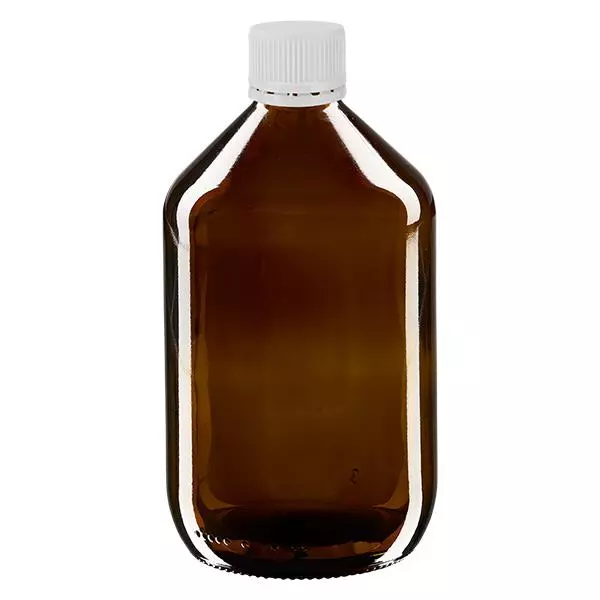 Butelka na lek 500 ml bursztynowa, zakrętka biała z pierścieniem zabezpieczającym ApoGlas. Farmaceutyczna jakość produkcji UE. Gwint 28 mm (PP28). (syrop, butelka z lekkiego szkła) Butelka na lek 500 ml bursztynowa, zakrętka biała z pierścieniem zabezpieczającym ApoGlas. Farmaceutyczna jakość produkcji UE. Gwint 28 mm (PP28). (syrop, butelka z lekkiego szkła)