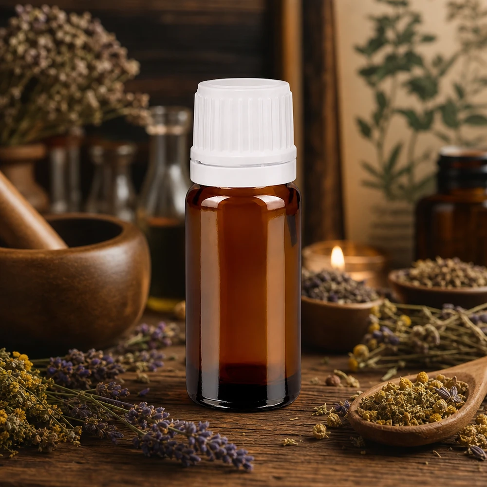 Kompaktowa buteleczka z zakraplaczem o pojemności 10 ml, wykonana z bursztynowego szkła, z białą zakrętką, przeznaczona do medycyny naturalnej