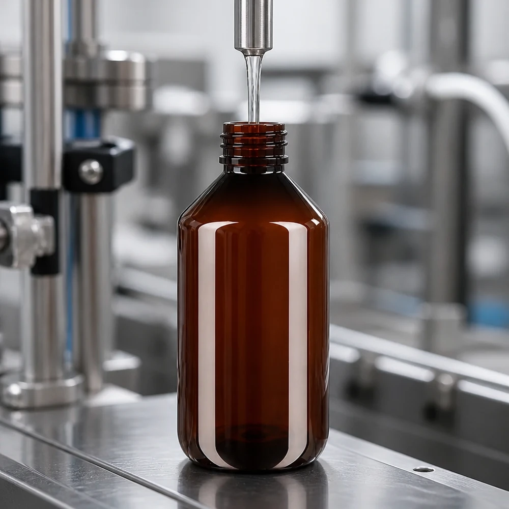 Butelka PET 500ml z czerwoną nakrętką OV Automatyczna linia rozlewnicza napełnia brązową butelkę PET o pojemności 500 ml z oryginalnym czerwonym zamknięciem