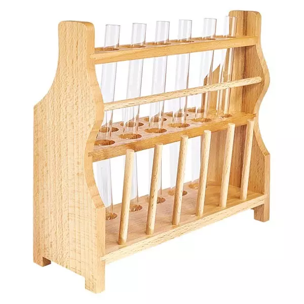 Zestaw drewniany do probówek z 12 probówkami wapno-soda 100x12 Zestaw drewniany do probówek z 12 probówkami wapno-soda 100x12