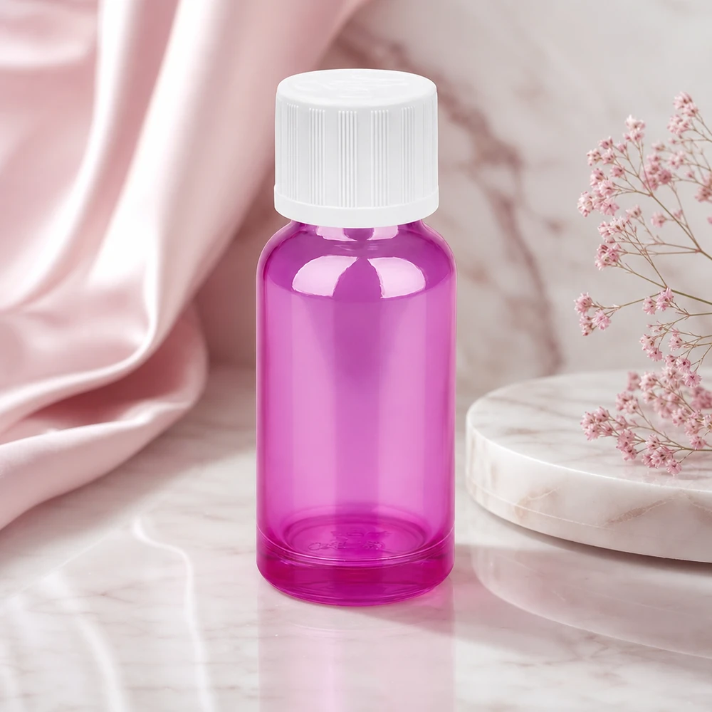 Butelka z zakraplaczem 20 ml 1,2 mm biała, standardowo zabezpieczona przed dziećmi PurpleLine.UT18/20 Kompaktowa butelka z zakraplaczem 20 ml z precyzyjnym otworem 1,2 mm w przezroczystym fioletowym kolorze do aromaterapii