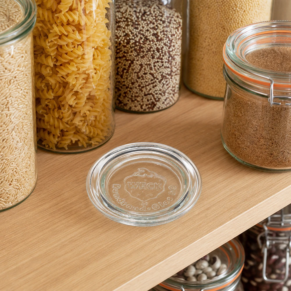 Pokrywa szklana WECK RR60 Szklana pokrywka WECK RR60 na drewnianej półce między słoikami z makaronem quinoa i przyprawami w nowoczesnej kuchni