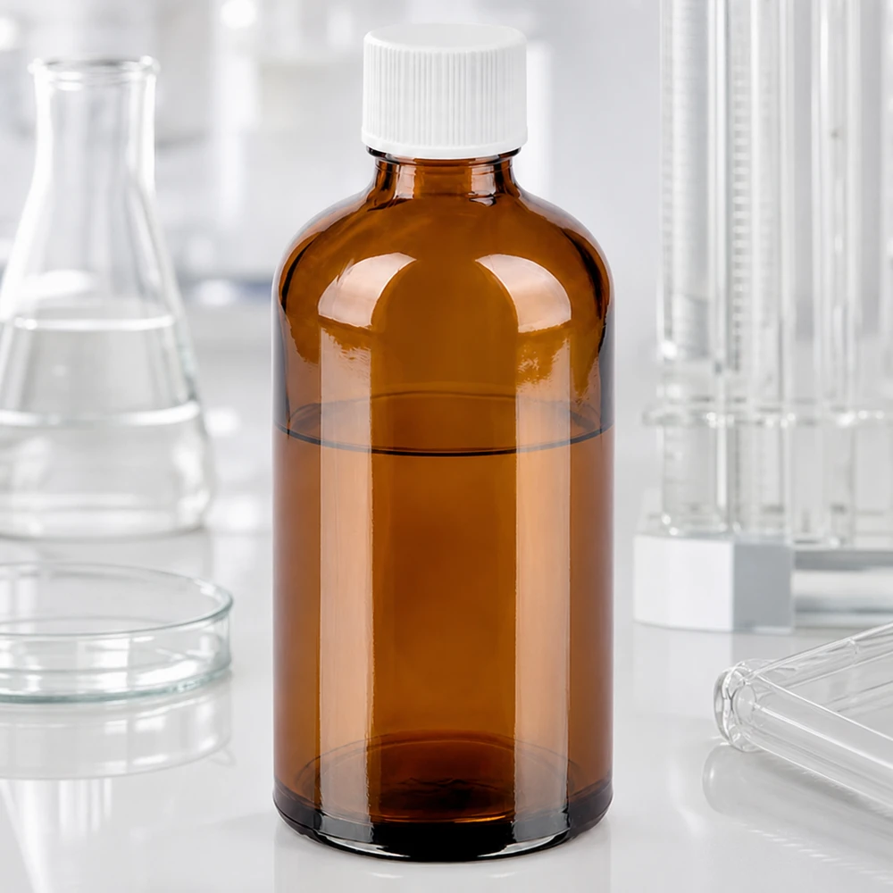 Okrągła butelka laboratoryjna o pojemności 100 ml wykonana z bursztynowego szkła z białą zakrętką do zastosowań profesjonalnych
