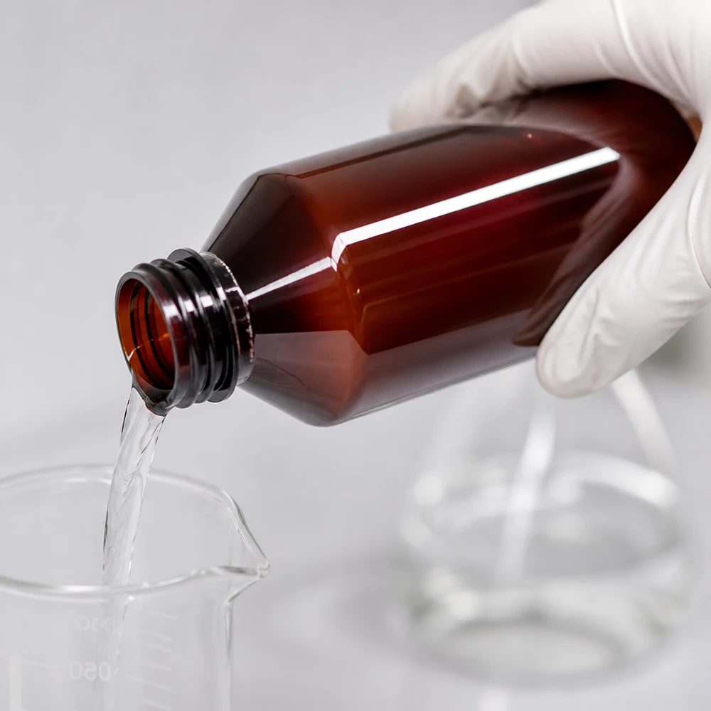 Brązowa butelka PET o pojemności 1000 ml z zieloną nakrętką podczas nalewania przezroczystego płynu do zlewki