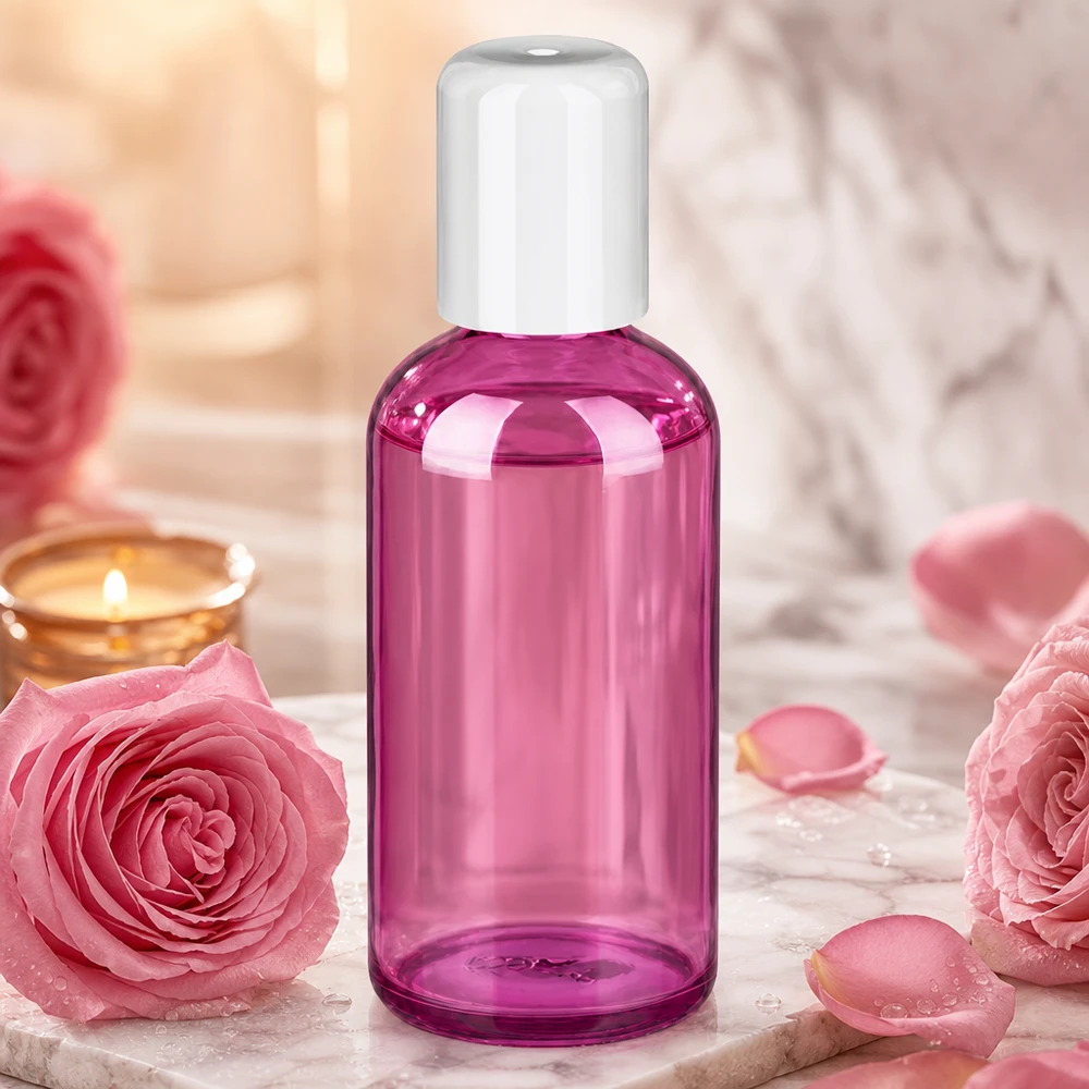 Butelka typu roll-on 100 ml, biała, standardowa PurpleLine UT18/100 Wysokiej jakości szklana butelka typu roll-on o pojemności 100 ml z wzorem Purple Line przeznaczona do profesjonalnych produktów kosmetycznych.