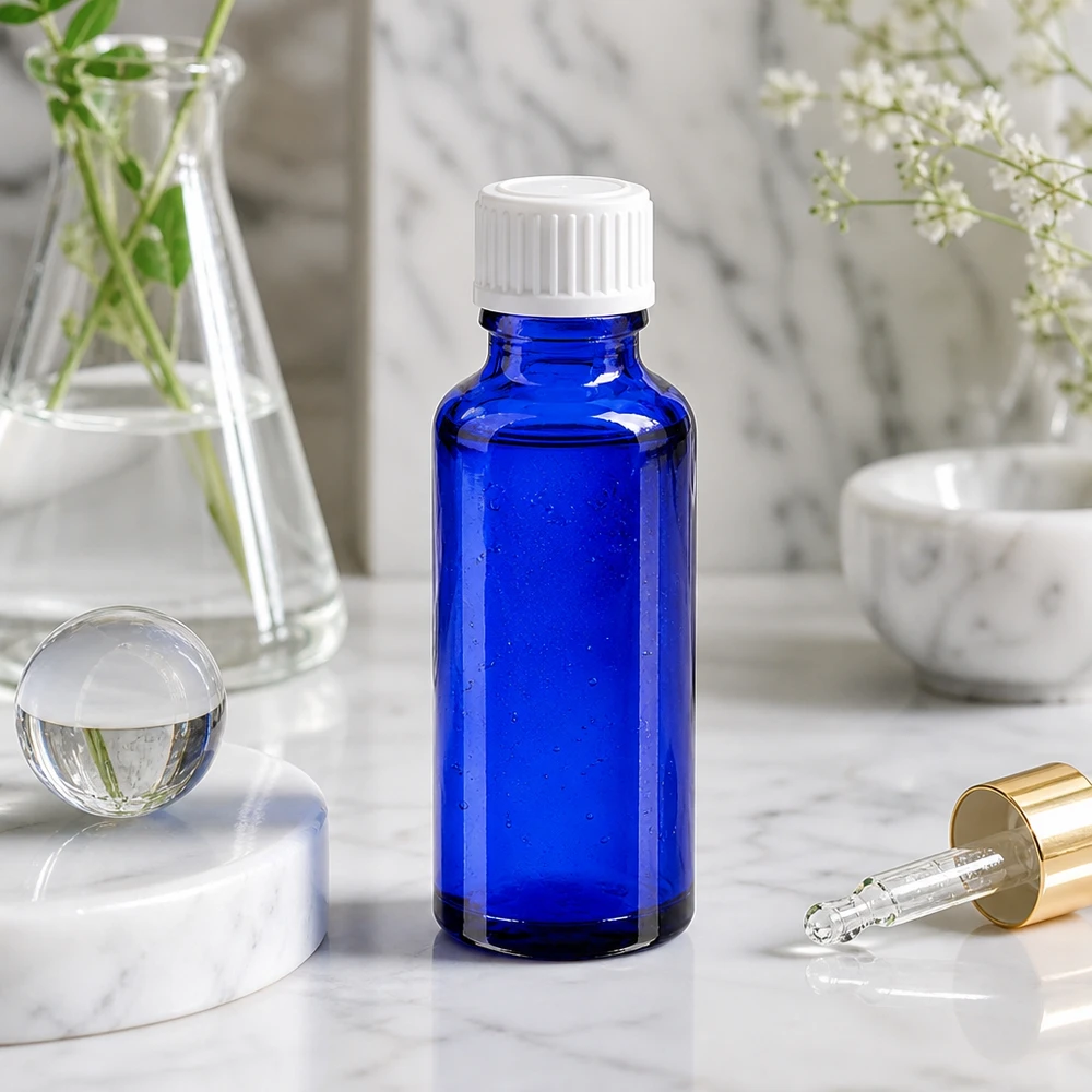 Butelka apteczna niebieska 30ml zakrętka biała szt. Niebieska szklana buteleczka apteczna o pojemności 30 ml z białym standardowym zamknięciem, na tle marmuru, z pipetą