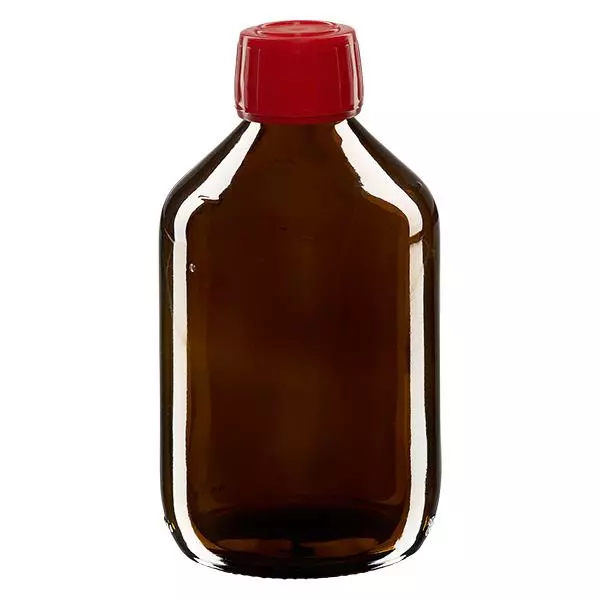 Butelka na lek 300 ml brązowa, czerwona zakrętka z pierścieniem ApoGlas. Farmaceutyczna jakość produkcji UE. Gwint 28 mm (PP28). (syrop, butelka z lekkiego szkła) Butelka na lek 300 ml brązowa, czerwona zakrętka z pierścieniem ApoGlas. Farmaceutyczna jakość produkcji UE. Gwint 28 mm (PP28). (syrop, butelka z lekkiego szkła)