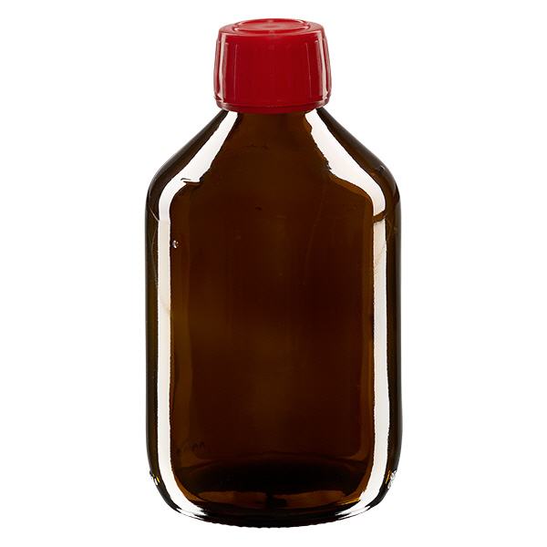 Butelka na lek 300 ml brązowa, czerwona zakrętka z pierścieniem ApoGlas. Farmaceutyczna jakość produkcji UE. Gwint 28 mm (PP28). (syrop, butelka z lekkiego szkła) Butelka na lek 300 ml brązowa, czerwona zakrętka z pierścieniem ApoGlas. Farmaceutyczna jakość produkcji UE. Gwint 28 mm (PP28). (syrop, butelka z lekkiego szkła)