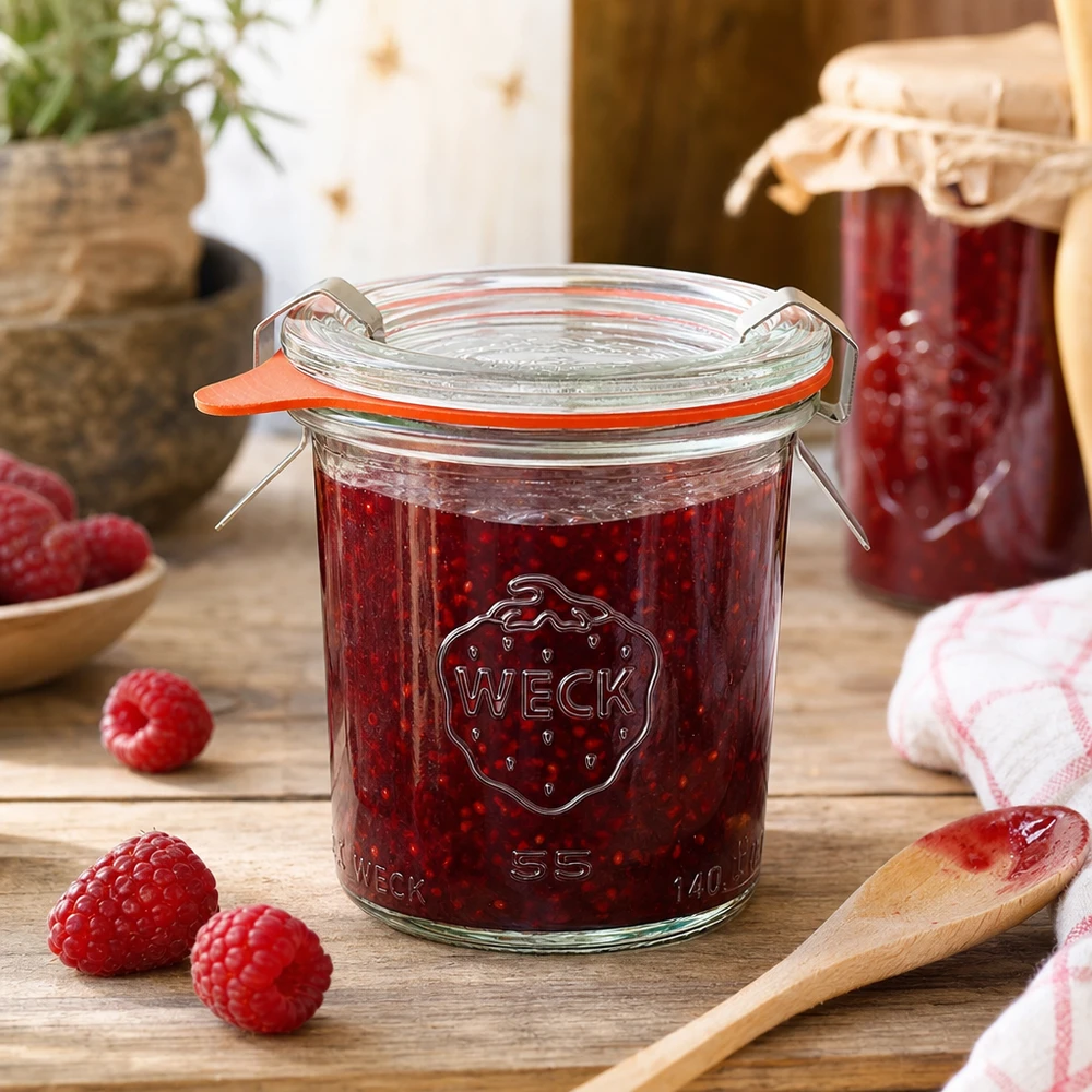 Kubki o pojemności 140 ml w komplecie WECK RR60 Słoik na przetwory WECK 140ml RR60 wypełniony dżemem malinowym w rustykalnej kuchni ze świeżymi jagodami i drewnianą łyżką