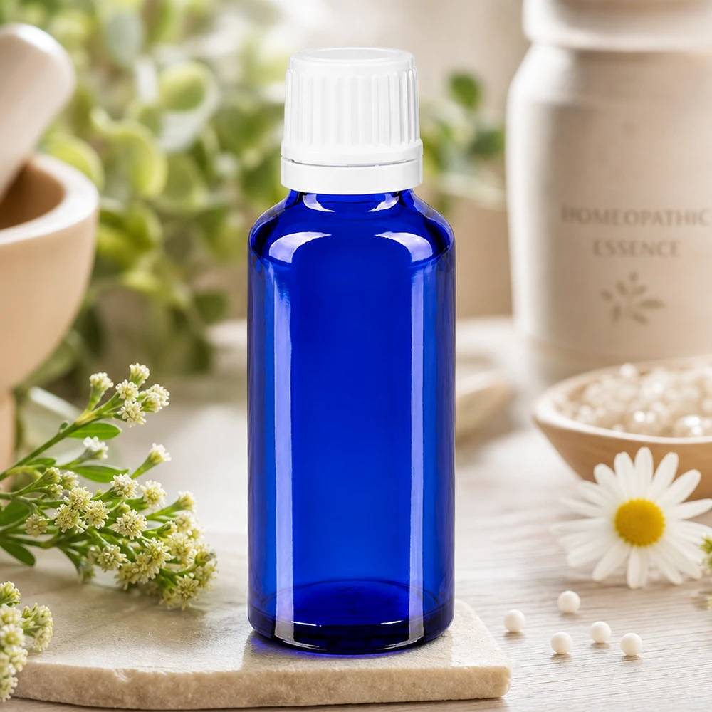 Butelka apteczna niebieska 30ml drip v. 1,2 mm biały OV Niebieska buteleczka homeopatyczna o pojemności 30 ml z ApoGlas z białym opakowaniem zewnętrznym obok kwiatu rumianku i globulek