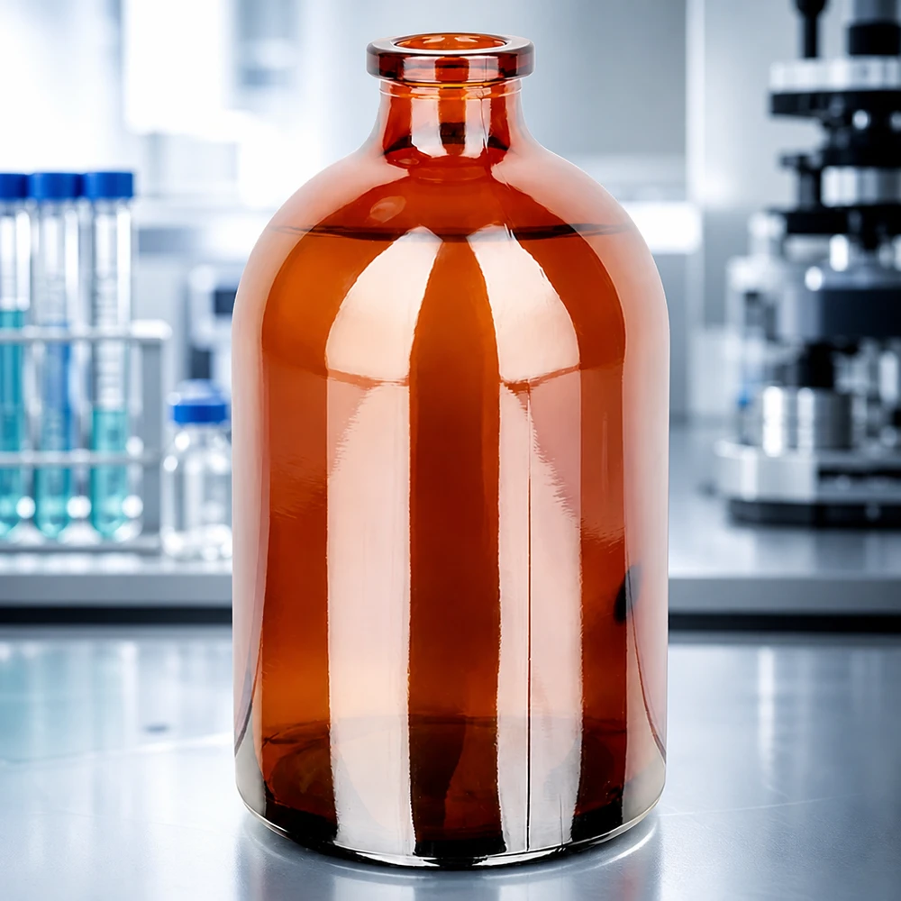 Butelka iniekcyjna z bursztynowego szkła 100 ml Injektionsflasche 100ml Braunglas mit bauchiger Korpusform und engem Rollrandhals ohne Verschluss