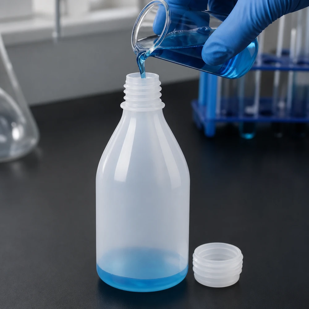 Niebieski płyn wlewa się do 100 ml laboratoryjnej butelki z wąską szyjką, wykonanej z przezroczystego tworzywa sztucznego