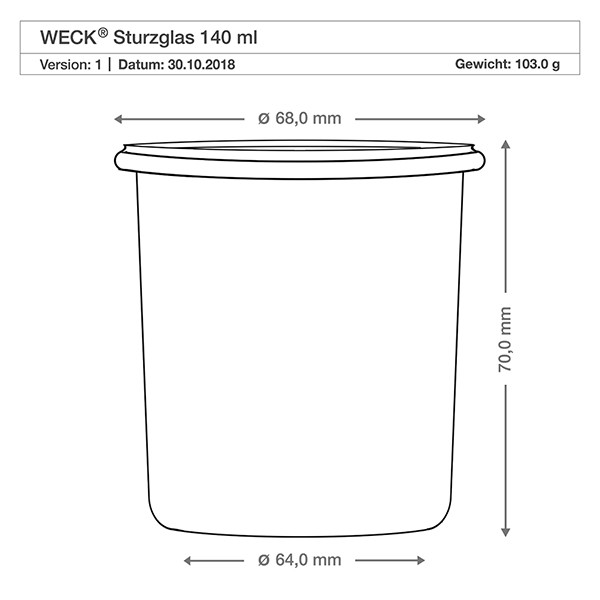Mini słoik WECK 140 ml, kompletny z łyżeczką do miodu Kubki WECK 140ml rysunek techniczny wymiary średnica 68mm wysokość 70mm specyfikacja produktu