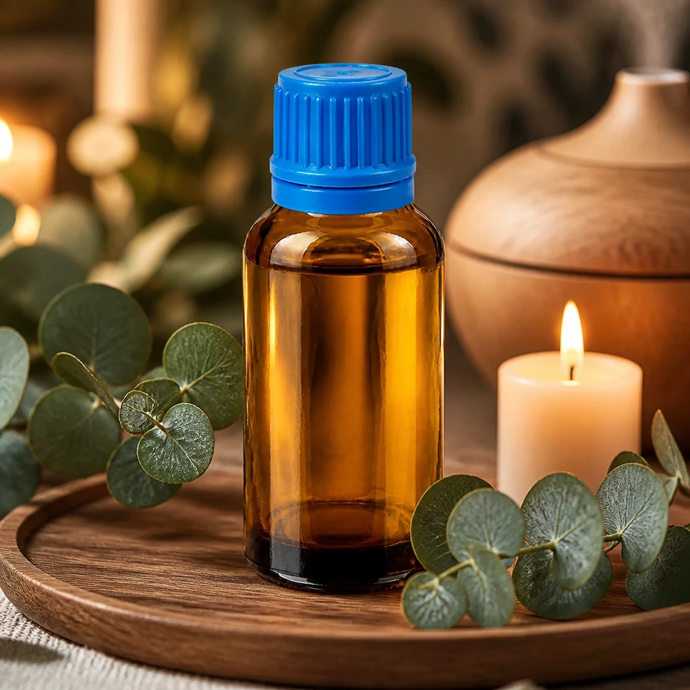 Kompaktowa szklana butelka o pojemności 30 ml z zakrętką zabezpieczającą przed dziećmi, idealna do aromaterapii i kosmetyków.
