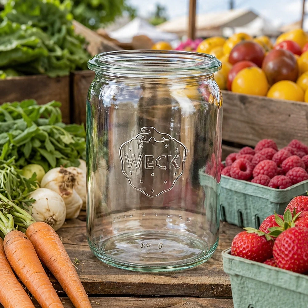 Słoik WECK RR40 cylindryczny 145ml prezentowany na straganie wśród świeżych marchewek, truskawek, malin i kolorowych warzyw.