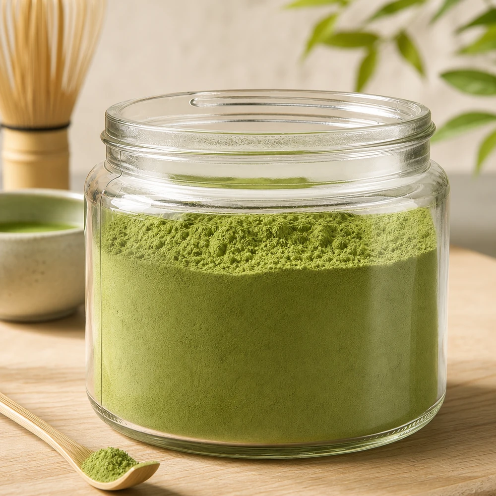 Szklany słoik 250 ml wypełniony zielonym proszkiem matcha obok bambusowej trzepaczki na drewnianym stole Przygotowanie herbaty