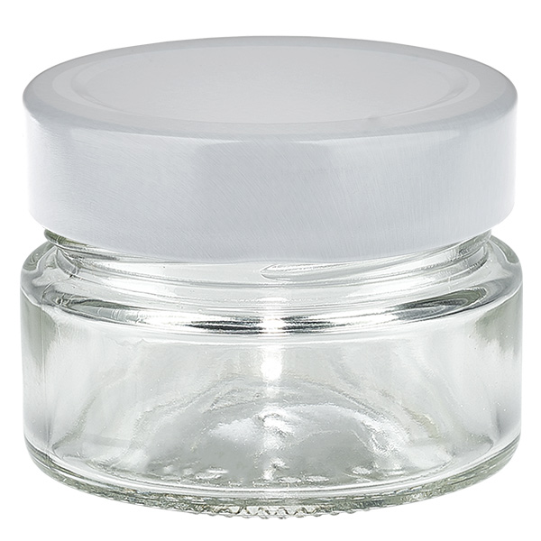 80 ml okr&#261;g&#322;y pojemnik szklany z pokrywk&#261; BasicSeal bia&#322;a g&#322;&#281;boka UN..