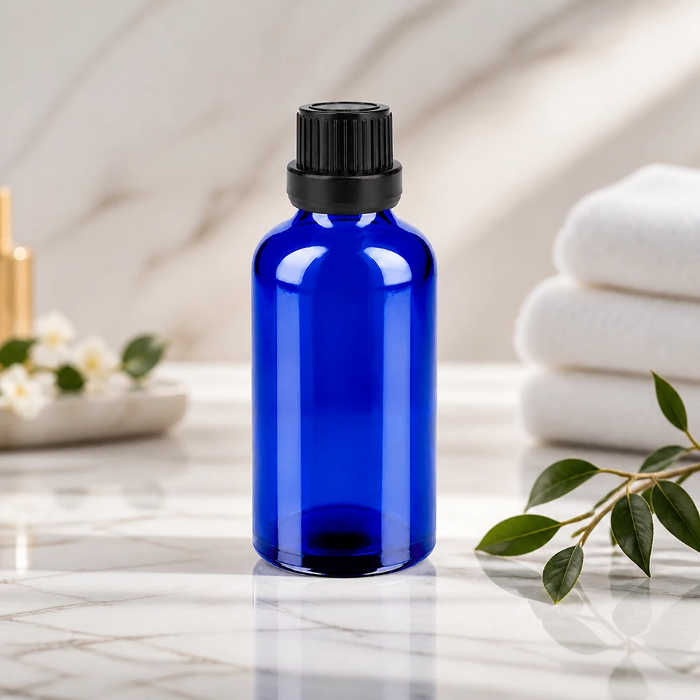 Butelka 50 ml 11 mm SV czarna OV BlueLine UT18/50 Elegancka niebieska szklana butelka 50 ml z czarną nakrętką z zabezpieczeniem przed otwarciem do naturalnych kosmetyków i olejków