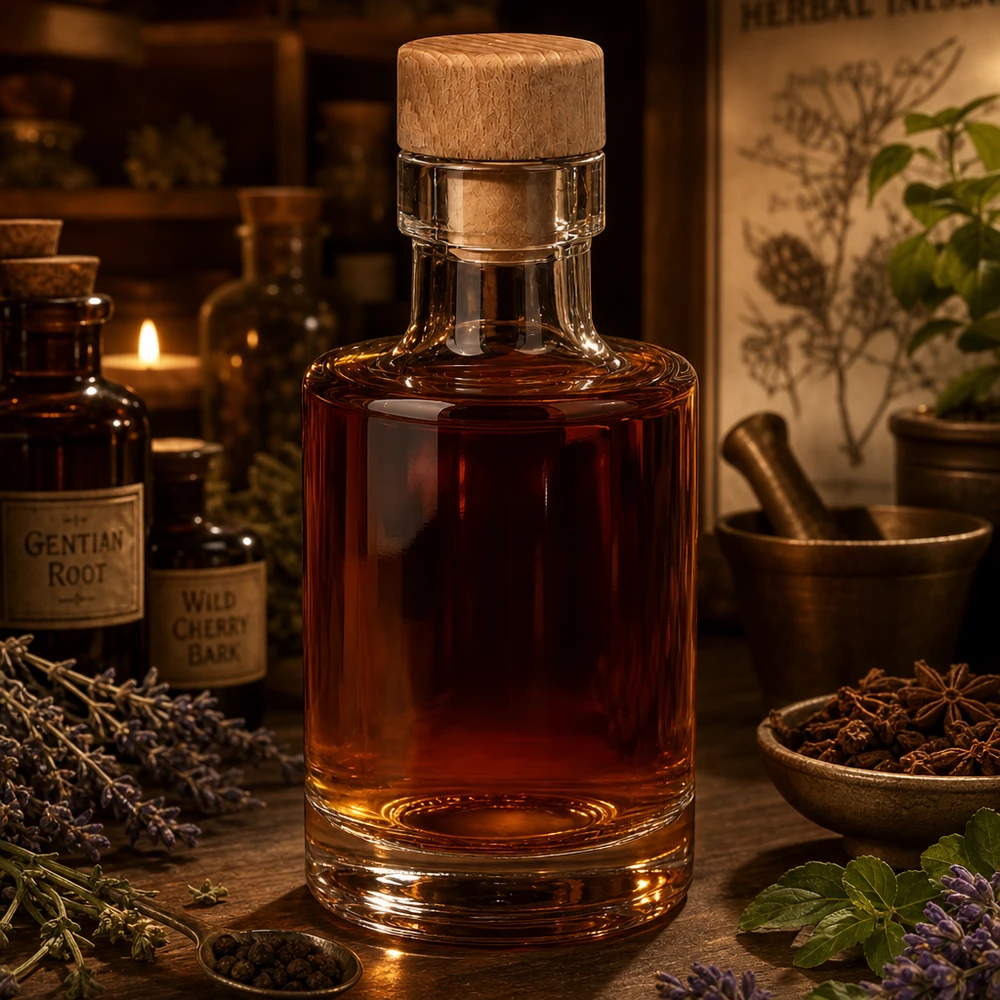 Butelka szklana 100 ml Marie z drewnianym korkiem UNiTWIST® 100 ml szklana butelka Marie z drewnianym korkiem wypełniona brązową nalewką w aptekarskim klimacie z ziołami i przyprawami
