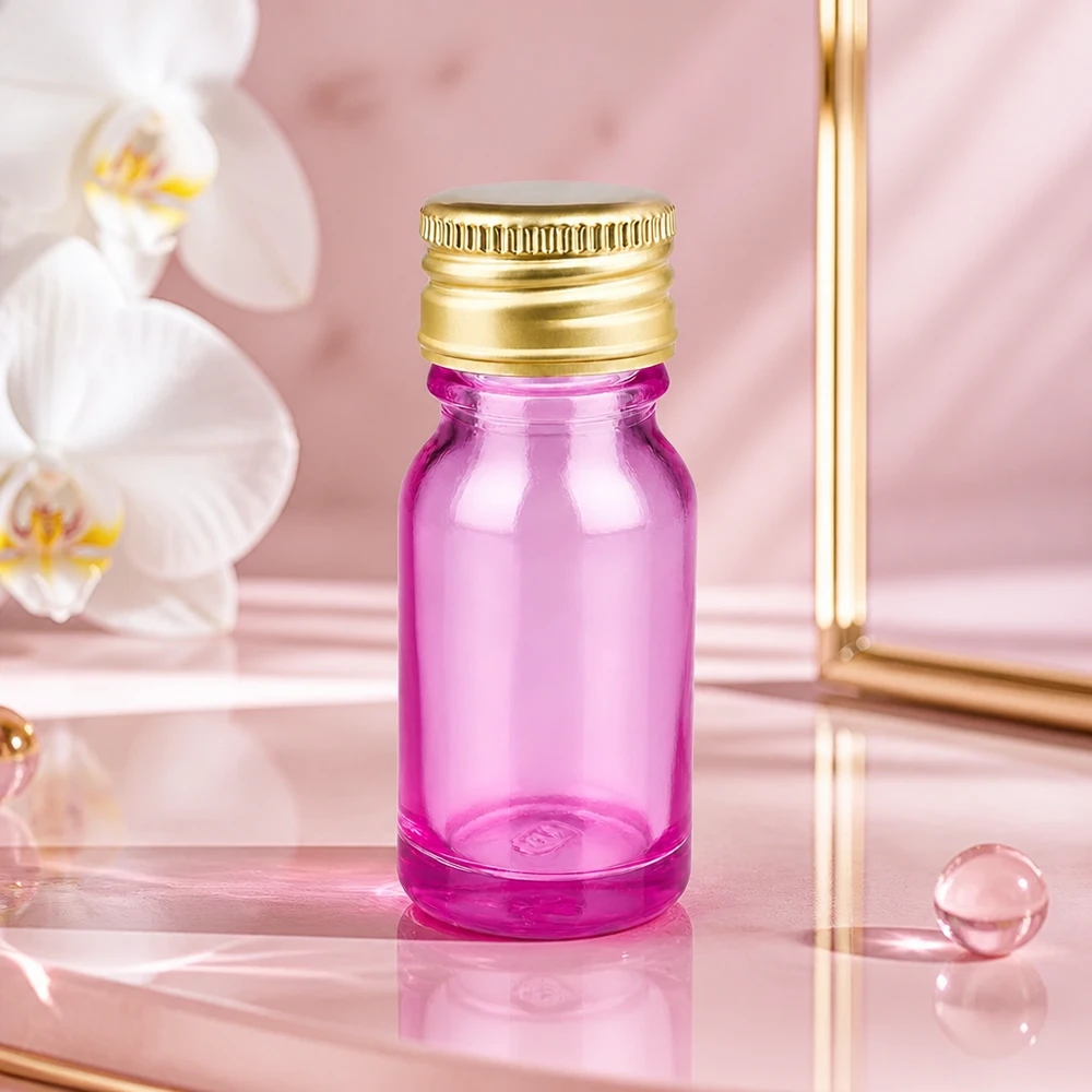 Butelka 10ml 11mm zakrętka aluminiowa standard złota PurpleLine. UT18/10 Elegancka butelka o pojemności 10 ml w kolorze przezroczystego fioletu z luksusową aluminiową zakrętką w kolorze złotym dla produktów premium.