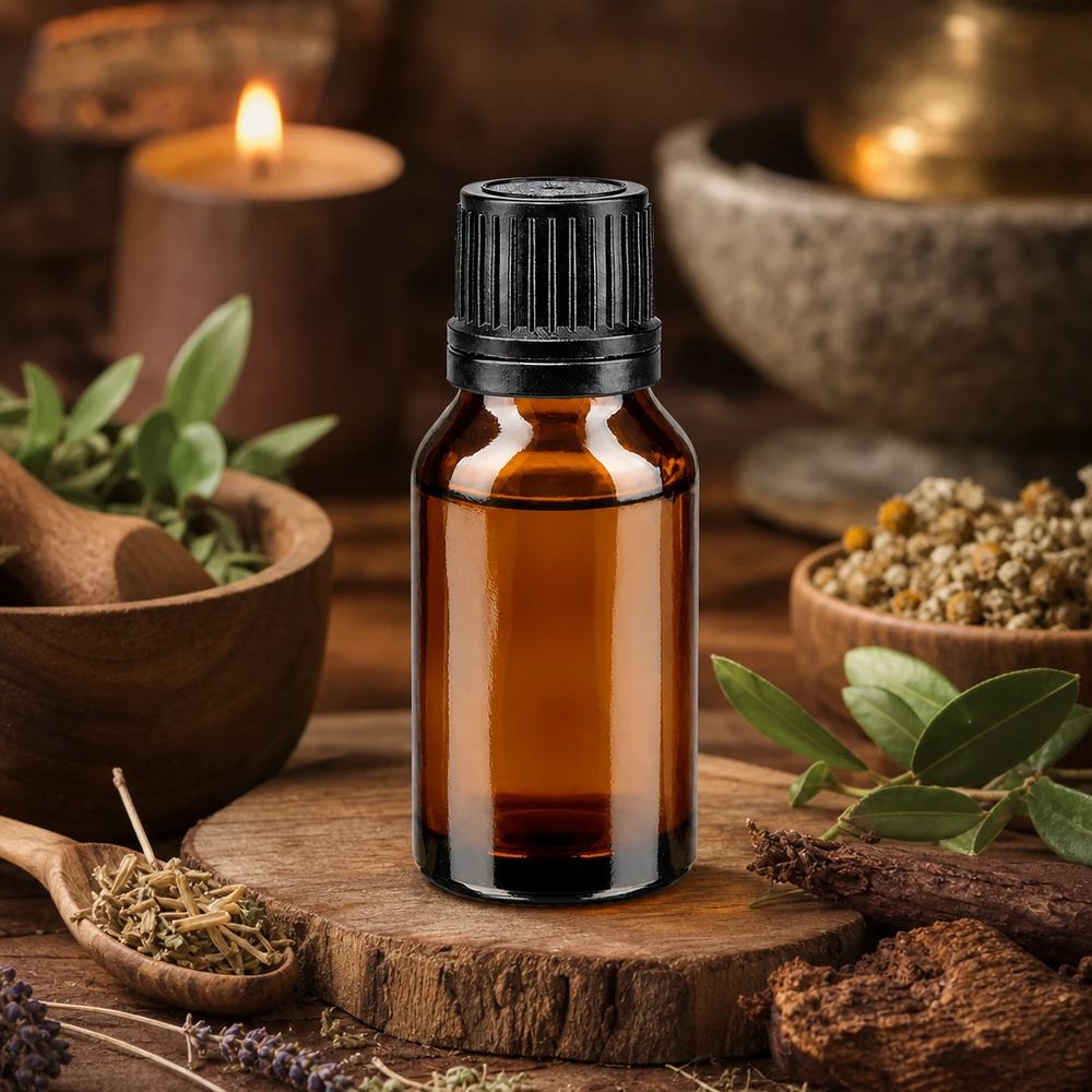 Butelka apteczna brązowa 15ml drip v. Pr. 1mm czarny OV Aromatyczne zioła i brązowa buteleczka apteczna o pojemności 15 ml z czarnym zakraplaczem na drewnianej podstawce