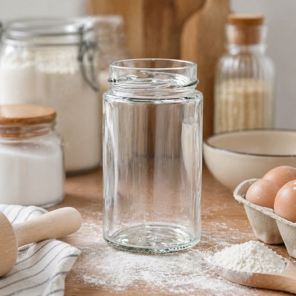 UNiTWIST Runda245 - Okrągły słoik o pojemności 245ml TO58deep Leeres Rundglas 245ml in Küche mit Kochzutaten - UNiTWIST Einmachglas für Vorratshaltung und Dekoration