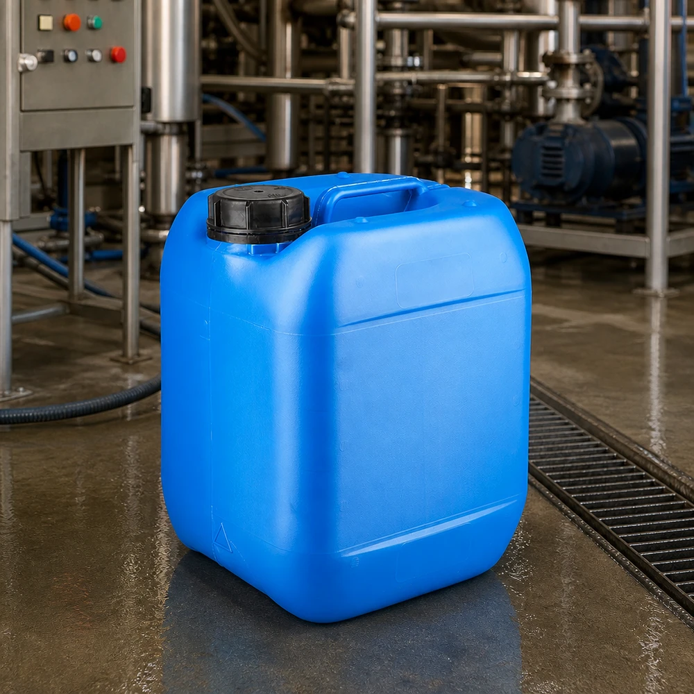 Niebieski kanister przemysłowy o pojemności 5 litrów z zakrętką typu OV w zakładzie produkcji chemicznej